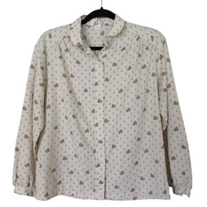 Vintage Cream Button Down Blouse with Brown Floral Pattern Size 8
